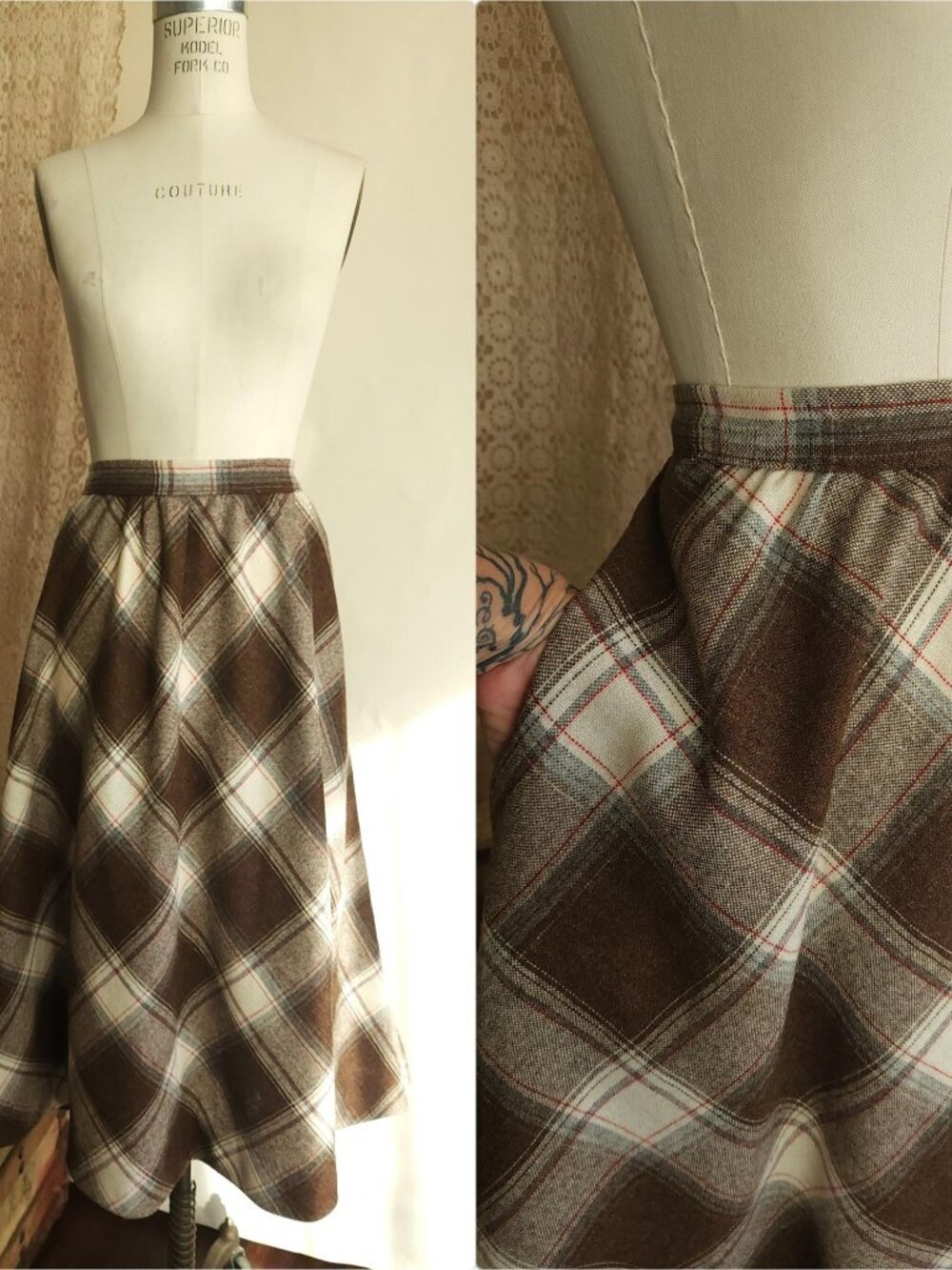 Vintage 1970s Skirt with Pockets, Volup Plaid Wool Brown and White Check Tartan